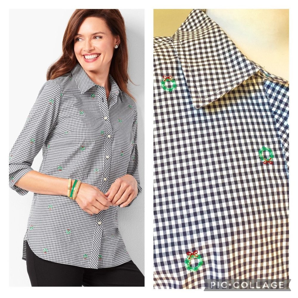 Talbots Classic Cotton Shirt Embroidered Wreath Festive Holiday Gingham M